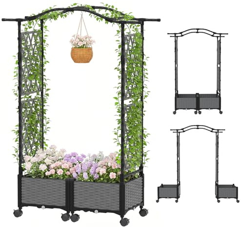 GOPLUS Arche de Jardin avec Bacs à Plante, 2 en 1 Jardinières Auto-Arrosants avec Treillis roulettes,Trous Drainage, Pergola Jardin pour Plantes Grimpantes, Légumes (Gris,153x40x147CM)
