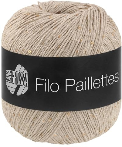 LANA GROSSA Filo Paillettes |Edles, fest verzwirntes Garn mit Pailletten & Matt-Glanz-Effekt | Handstrickgarn aus 55% Baumwolle, 39% Polyester, 6% Polyamid | 50g Wolle, Stricken & Häkeln | 155m FB 18