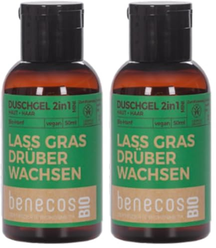Benecos Mini gel douche bio 2 en 1 - Au chanvre bio - Cosmétique naturel certifié - Végétalien - Nettoyage doux pour la peau et les cheveux - 50 ml (Lot de 2)