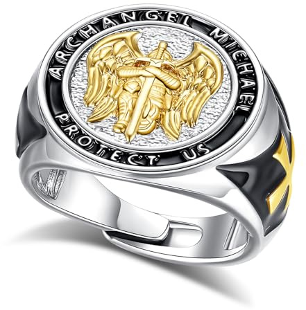 INFUSEU Erzengel Michael Ring Herren Verstellbarer Edelstahl Ring mit Kreuz Engel Anhänger Vintage Siegelring Christlicher Schmuck Katholischer Schutzring mit Gold Relief Schwarze Emaille Geschenk