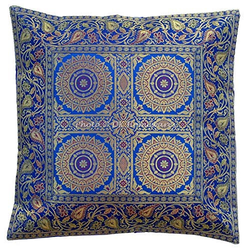 DK Homewares Indisch Sofa Kissenbezug 40x40 cm Brokat Tintenblau Jacquard Weben Kissenbezüge Dekokissen Reißverschluss Mandala Quadrat Zierkissenhülle - 1 Stück (nur Bezug)