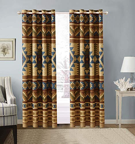 Gardinen mit Ösen, rustikal, westlicher Südwester, Indianer, 2-teiliges Set, Beige, Taupe, Braun, Blau und Grün