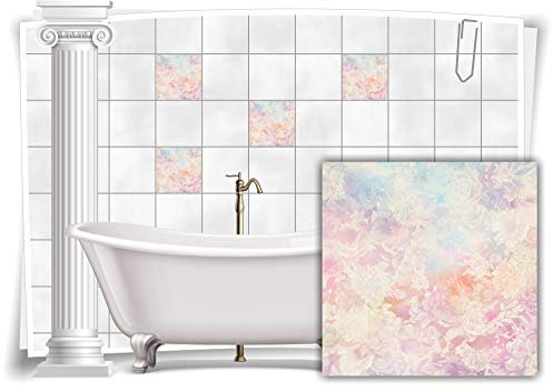 Medianlux Fliesen-Aufkleber Fliesen-Bild Vintage Nostalgie Blumen Pastell-Rosa Beige Bad WC Deko, 12 Stück, 15x15cm m13m31-88243