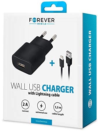 Forever Ladegerät USB Port mit 1.2 m Lange Lightning Ladekabel, Schnellladegerät 2A, Netzteil für iPhone Geräte, Lade Adapter, Steckdosenadapter Wandladegerät Fast Charge (Schwarz)