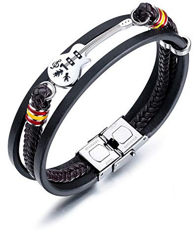OSTAN Herren Leder Armband Geflochtenes Edelstahl Gitarre Schwarz Lederarmband für Männer