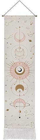 Moon Phase Wandteppich Mond Tapisserie Wandbehang Kunst Böhmische Tapisserie Baumwolle Leinen Tapisserie für Zimmer (weiß, 32,5 x 130 cm)