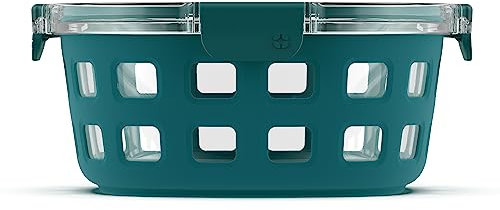 Ello DuraGlass 153-0841-039-6 Frischhaltedosen aus Glas, rund, für Mahlzeiten, mit Silikonhülle und luftdichten Deckeln, 7 Tassen, Blaugrün