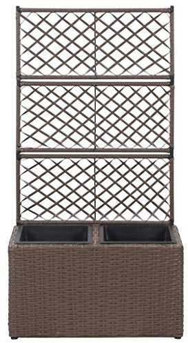 Tidyard Hochbeet mit Rankgitter 2 Töpfe Pflanzkübel Pflanzkasten Blumenkübel Spalier Gartenspalier Rankhilfe Rankkasten Pflanzenbeet Gemüsebeet Frühbeet Gartenbeet 58 x 30 x 107 cm Poly Rattan Braun