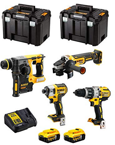 DeWALT Kit DWK401 (Trapano a Percussione DCD996 + Tassellatore DCH273 + Mini-Smerigliatrice DCG405 + Avvitatore ad Impulsi DCF887 + 2 Batterie 5,0 Ah + Caricabatterie + 2 x TSTAK VI)