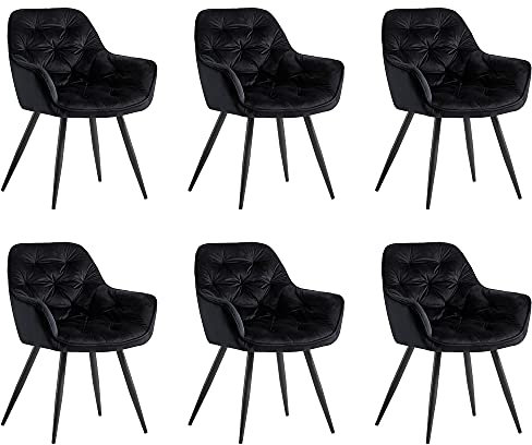 JaHECOME Lot de 6 Chaise de Salle à Manger Fauteuil, Siège en Velours Chaise de Salon, l'Assise Rembourré avec Dossier Tissu, Pieds en Métal Noir pour Cuisine, Chambre, Salle à Manger,Noir