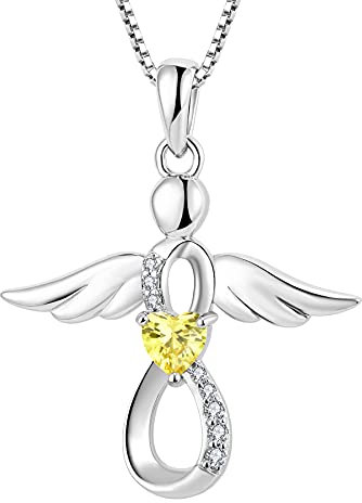 FJ Damen Schutzengel Halskette Anhänger 925 Sterling Silber Infinity Unendlichkeit Kette Citrin November Geburtsstein Halskette Engel Schmuck Geschenke für Frauen Mädchen