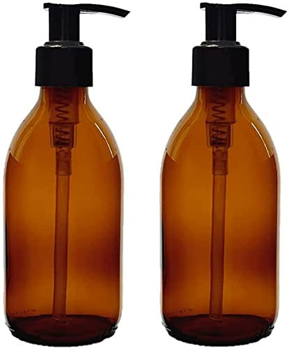 VieVogue Botellas de Vidrio ámbar de 250 ml con Bombas Negras ? Paquete de 2 ? Botellas Grandes vacías para dispensador de jabón líquido/loción