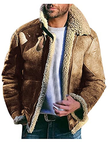 CHENYM Wildlederjacke Herren GefüTtert Lammfell GefüTtert Mit Stehkragen Bomberjacke Trucker Jeansjacke Mit ReißVerschluss Reverskragen Pelzmantel GefüTtert Motorradjacke Mit Teddy-Futter