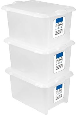 Addis 30 litre Clear Plastic Unistore Storage Boxes with clip lock lid and base, Pack of 3, tough reliable stackable nestable, Made in the UK, Clear (519162)