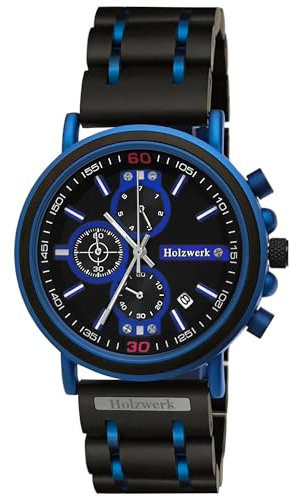 Holzwerk Germany Handgefertigte Designer Herren-Uhr Öko Natur Holz-Uhr Chronograph Armband-Uhr Analog Quarz-Uhr Braun Rose Gold Datum Holz Ziffernblatt (Braun.Blau)