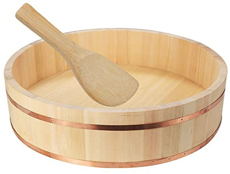 ALX-Dec Wooden Hangiri Sushi Oke Rice Mixing Tub, Round Sushi Rice Cooling Bowl with Copper Band, for Make Sushi and Mix Sushi Rice Bucket Container, Free Wooden Spoon / 60cm