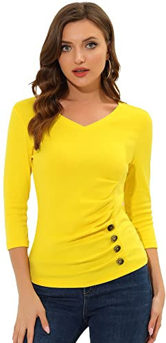 Allegra K Women's V Neck Blouse 3/4 Sleeves Solid Knitted Buttons Decor Ruched Top Lemon Yellow 16