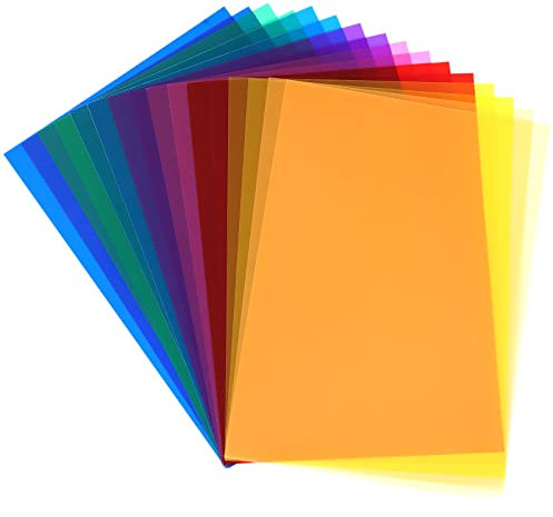 16 Pezzi Filtri Colorati Trasparenti Gelatina Fotografiche Gel per Faretti 8 Plastica Colori Pellicola per Luce LED Studio flash Fotografico Correzione Colore 29.7x21cm Festa Decorazione DIY