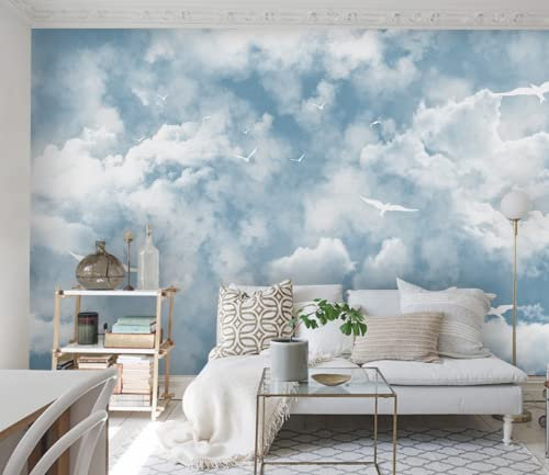 Papier Peint Intissé Nuages Blancs De Ciel Bleu Minimaliste Moderne Décoration Murale Poster Tableaux Muraux Tapisserie Photo Trompe L'Oeil Salon Chambre Art Mural Taille Personnalisée