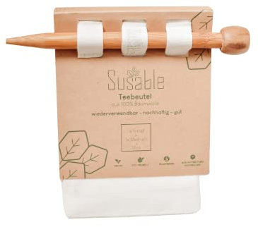 Susable 2er Set wiederverwendbare Teebeutel aus Stoff I 100% Bio Baumwolle I Teefilter Permanentfilter Mehrwegfilter (1x klein, 1x groß) I inkl. 1 Bambusstick