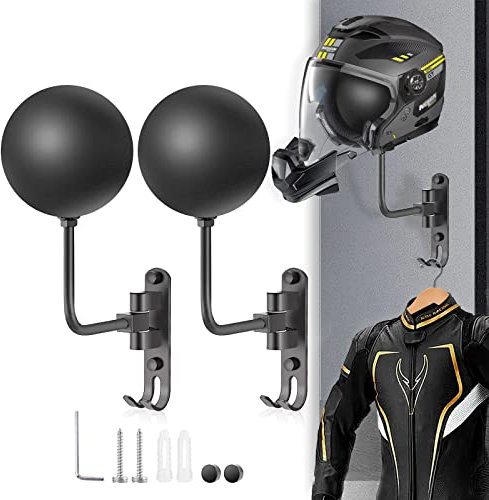 Motorcycle Helmet Holder Wall Mount 180 Degree Rotation Metal Bike Helmet Rack Mount Bicycle Helmet Display Stand Hanger with 2 Hooks Accessories for Motorcycle Bike Baseball Rugby - Gray, 2 Pcs