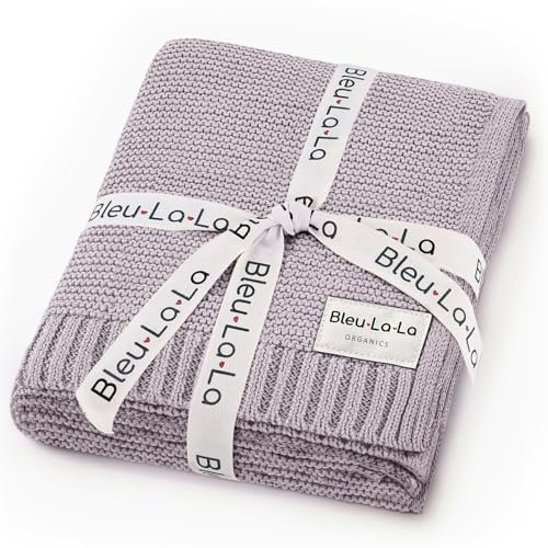 Bleu La La Bio Empfangs Puckdecke - 100% luxuriöse Bio-Weichbaumwollstrick warme gemütliche Kuscheldecke für Kinderwagen und Wiege geeignet für Neugeborene Säuglinge und Kleinkinder. (Flieder)