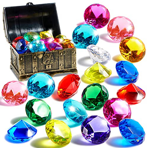 Sloosh Juguetes de Piscina Diving Gems, 16 Grandes Diamantes de Colores con Cofre del Tesoro Pirata, Juguete de Buceo para niños con Gemas submarinas, Regalo de Entrenamiento de natación.