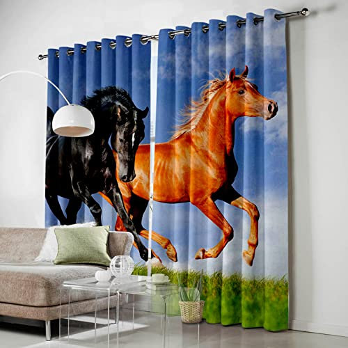 Thermovorhang Orange Schwarzes Pferd Scheibengardinen Weich Verdunklungsvorhänge Wohnzimmer Vorhänge Schlafzimmer Vorhang Blickdicht Scheibengardine Schallschutz Verdunkelungsvorhang 2x140x160cm