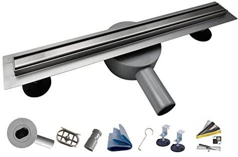 AQUA HEATING Schmaler linearer Edelstahl-Bodenablauf 20mm breit, Duschablauf 360° drehbarer Siphon Komplettset Badezimmer mit bodengleicher Dusche, Duschrinne Ablaufgarnitur-Set Rost 60 cm silber