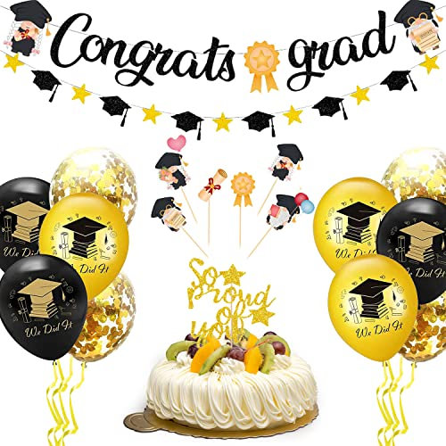 Bachelor Abschluss Geschenk Graduation Deko Prüfung Bestanden Deko Herzlichen Glückwunsch Girlande Abschluss Kuchen Topper und Abschlussfeier Luftballons für Graduierung Party Dekoration E-002