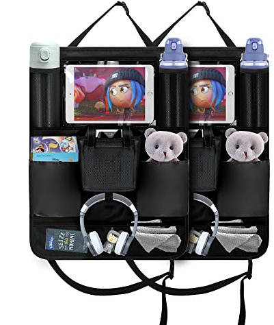 Annmore Rückenlehnenschutz Organizer für Toniebox, Schwarz, 2 Stück | Tasche für bix zu 10 Zoll Tablet, Hörfiguren Fächer, Kopfhörerhalter