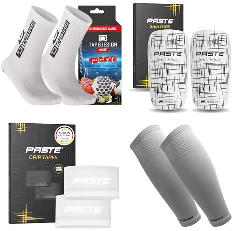 PASTE - XXL 4er Set: TAPEDESIGN Fußball-Socken (Classic), Schienbeinschoner, Stutzen Schienbeinschonerhalter (weiß) - Fussball-Socken mit Schienbeinschoner Halterung & Fußballstutzen