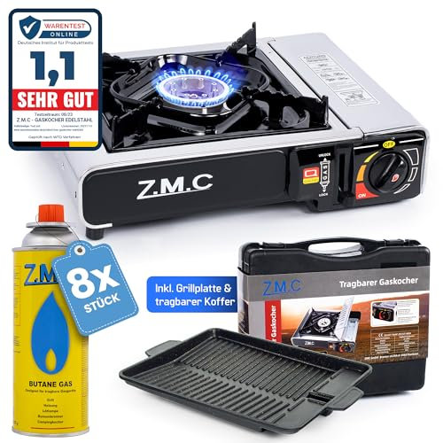 Z.M.C Gaskocher 1-flammig + Aufbewahrungskoffer + Grillplatte 33x26x4 cm + 8x Gaskartuschen 227g, Campingkocher für Outdoor und Innenraum, Campinggaskocher 2,2 kW mit Piezozündung