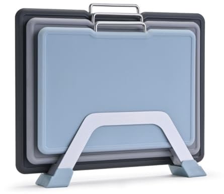 CLOVE Plastic Chopping Board Set with Stand BPA-Free Dishwasher Safe Black Grey Colour Coded Cutting Boards with Holder Non-Slip for Kitchen Meat Large 32x24, Medium 30x20cm, Small 26x19cm, 8mm Thick