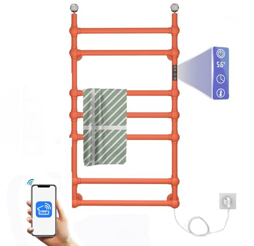 Scaldasalviette Elettrico WiFi da Parete con 7 Braccio, 100W Termoarredo Scalda Asciugamani Bagno, 850x600 mm Asciugabiancheria Portasciugamani Intelligente con Temporizzatori e Termostato, Arancia