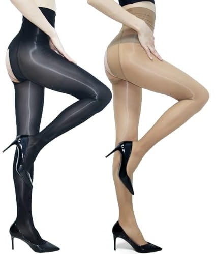 GOCBOBO 2 Paar Glänzend Strumpfhose Damen Sexy Ölig Seidenstrumpfhose Reißfest Hohe Taille Feinstrumpfhose Große Größen Schwarz+Braun
