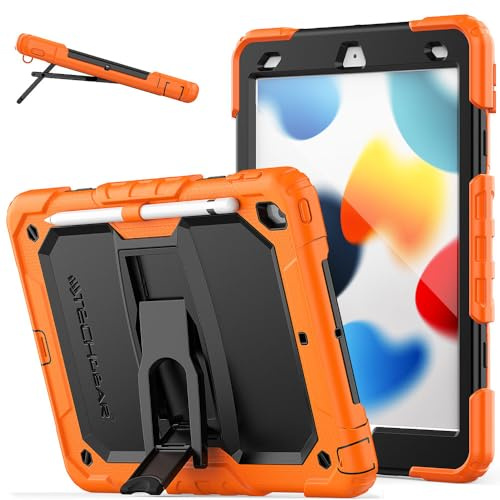ArmourSHIELD Heavy Duty Case for Apple iPad 10.2 2021/2020/2019 [9th/8th/7th Generation] With Folding Stand, Screen Protector & Pencil Holder - Kids Schools Work, Orange