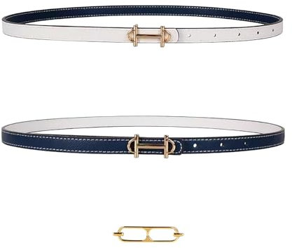 YUTTTPL Schmaler Damen Ledergürtel, schmaler Damengürtel, beidseitig verwendbarer Gürtel, zwei goldfarbene Schlaufenschnallen, geeignet für Kleiderhosen Jeans (Weiß/Blau)