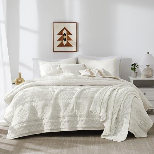 WDCOZY Boho-Steppdecken-Set für großes Doppelbett (King Size) mit 2 Kissenbezügen, Landhaus-Stil, leicht, weich, Tagesdecke, alle Jahreszeiten, 3-teilig, Elfenbein/Cremeweiß, 264,2 x 228,6 cm