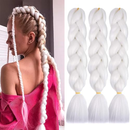Colorfulpanda Braids Extensions,3pc Weiß Kunsthaar zum Einflechten,60cm Haarsträhnen zum Braiding Hair,Einflechten Haar Flechten Extensions für Haar Box Braid zum Einflechten Zöpfe