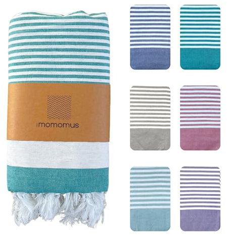 MOMOMUS Fouta XXL oder Picknickdecke XXL für den Strand - Mit Fransen, Gestreift und Leicht - Große Stranddecke, Sandfreie Strandmatte und Faltbare Campingdecke - Meergrün, 210x240 cm