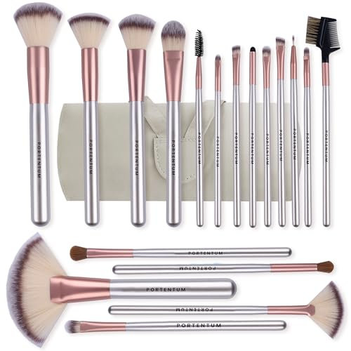 PORTENTUM Pinceaux maquillages Lot de 18 avec étui de voyage, manche en bois professionnel Kabuki en fibre synthétique de qualité supérieure pour fond de teint