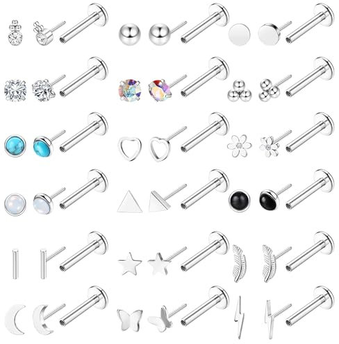 JeweBella 20G Nasenpiercing Helix Piercings Chirurgenstahl Tragus Ohrringe Creolen Silber Zirkonia Flat Piercing Ohr Studs Helix Knorpel Lippenpiercing Medusa Conch Labret Stecker Piercing Set 6/8MM