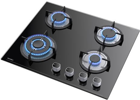 Hermitlux Gaskochfeld 4 Flammig, 60cm, 7800W,Erdgas/Propangas, Automatischer Thermoelementschutz, Schwarz, Einbau Glasherd