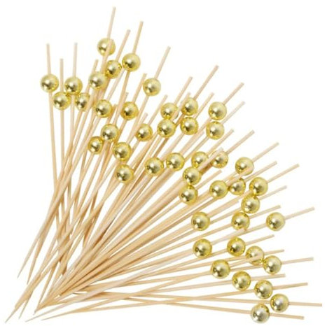 100 Pcs Cocktail Sticks 4.7 inch/12 cm Bamboo Cocktail Sticks for Appetizers Skewers Fancy Sturdy Cocktail Toothpicks for Party Decoration Pearl Food Picks for Charcuterie Sandwich Fruit (Gold)
