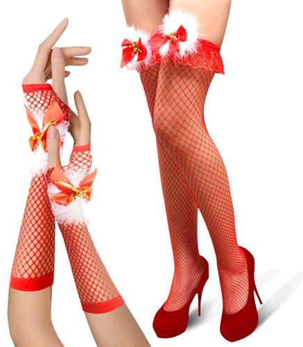 Netzstrumpfhose Rot und Netzhandschuhe Rot Anzug,mit Glocke Weihnachten Halterlose Strümpfe Rot, Rote Netzhandschuhe, Weihnachten Netzstrumpfhose, Weihnachtsfrau Kostüm Zubehör, für Kostümspiele