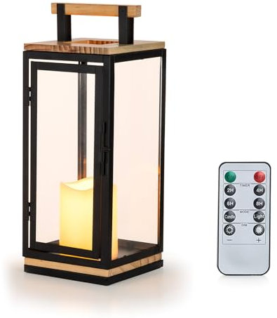 NUPTIO Faroles Madera Velas de Interior: 34cm de Altura con LED Pilar Vela Decorativa Linterna Colgante Sala Estar Al Aire Libre Piso Navidad Candelabros Metal Chimenea con Temporizador Control Remoto