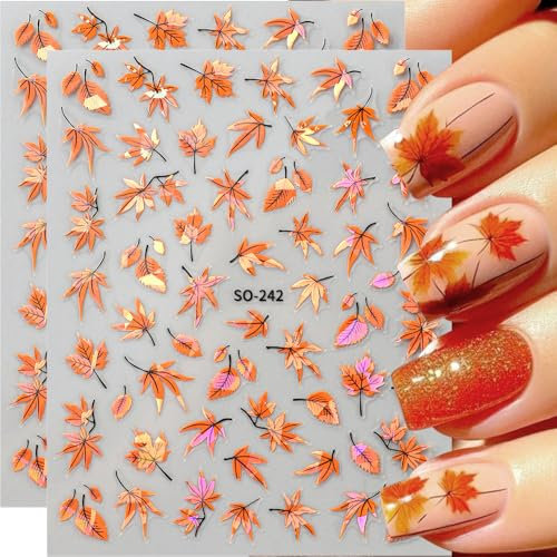4 Blätter Nagelsticker Herbst 3D Ahornblätter Laser Ahorn Blatt Design Sticker Autumn Fall Leaves Aufkleber Erntedankfest Deko Art