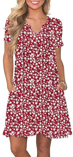 PLOKNRD Summer Dresses for Women UK Casual Pleated T-Shirt Dress Short Sleeve Loose Swing Beach Dress with Pockets(Floral Red,2XL)