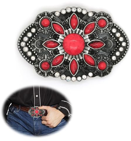 CHENNAN Böhmischer Stil Western Gürtelschnalle mit Stein Türkis 38mm-40mm Oval Blumenförmiger Gürtelverschluss aus Synthetischer Türkis Vintage Türkis Gürtelschnalle für Damen und Herren (Rot A)